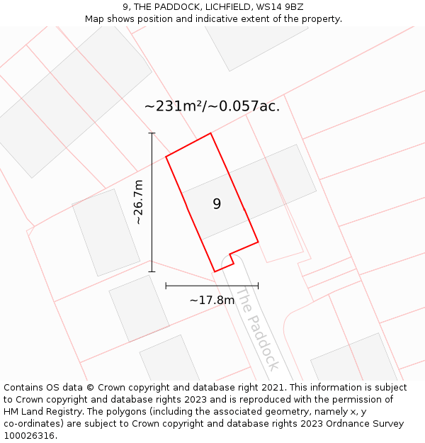 9, THE PADDOCK, LICHFIELD, WS14 9BZ: Plot and title map
