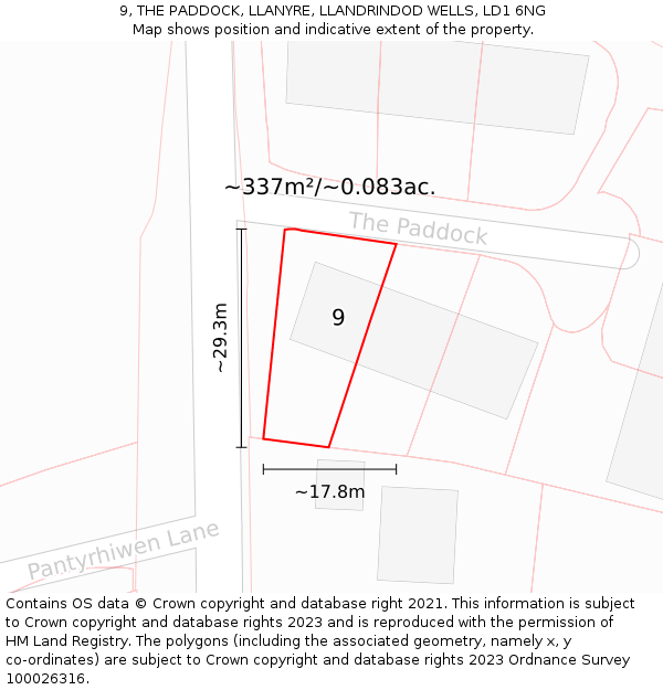 9, THE PADDOCK, LLANYRE, LLANDRINDOD WELLS, LD1 6NG: Plot and title map