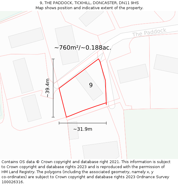 9, THE PADDOCK, TICKHILL, DONCASTER, DN11 9HS: Plot and title map