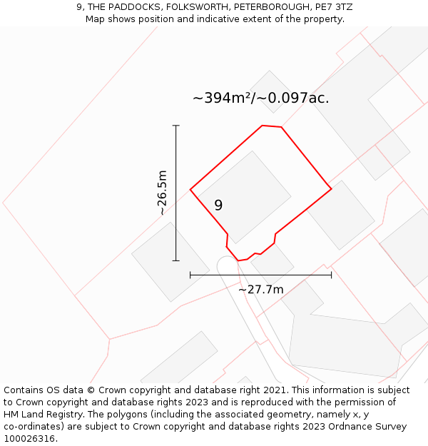 9, THE PADDOCKS, FOLKSWORTH, PETERBOROUGH, PE7 3TZ: Plot and title map