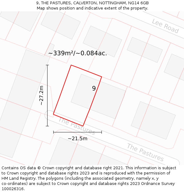 9, THE PASTURES, CALVERTON, NOTTINGHAM, NG14 6GB: Plot and title map