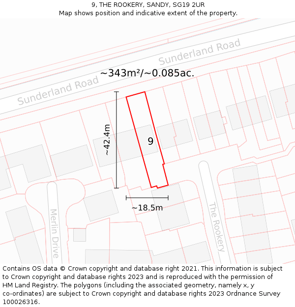 9, THE ROOKERY, SANDY, SG19 2UR: Plot and title map