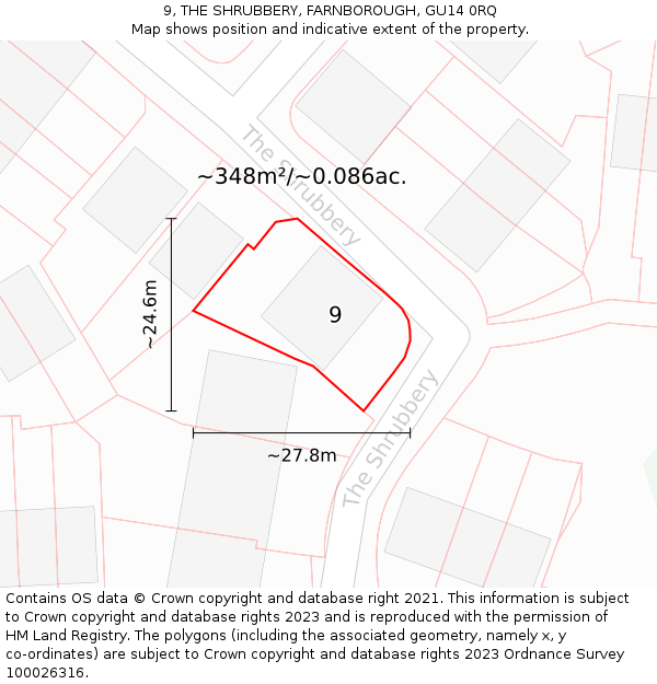 9, THE SHRUBBERY, FARNBOROUGH, GU14 0RQ: Plot and title map