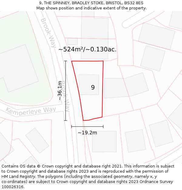 9, THE SPINNEY, BRADLEY STOKE, BRISTOL, BS32 8ES: Plot and title map