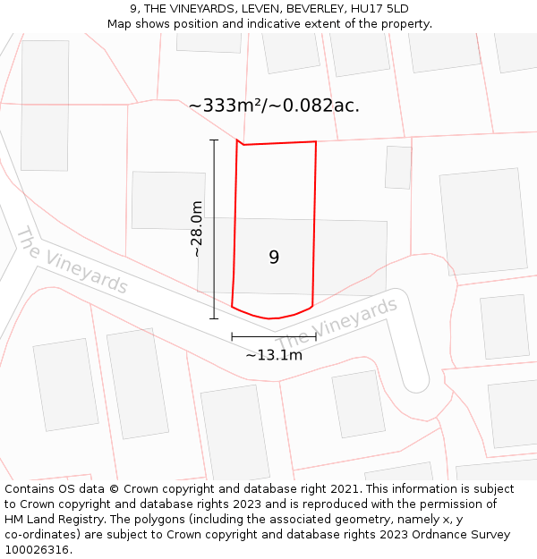 9, THE VINEYARDS, LEVEN, BEVERLEY, HU17 5LD: Plot and title map
