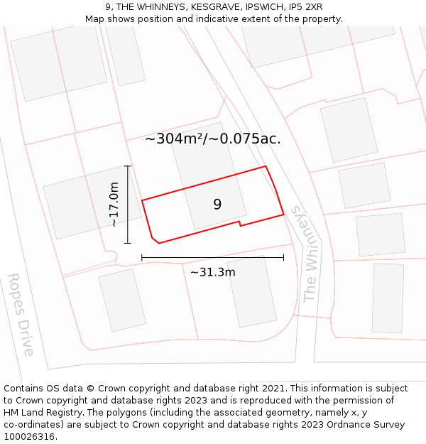 9, THE WHINNEYS, KESGRAVE, IPSWICH, IP5 2XR: Plot and title map