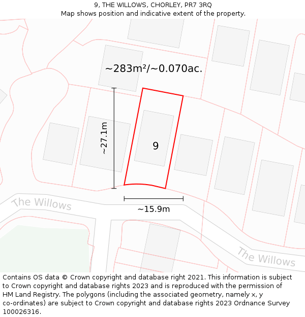 9, THE WILLOWS, CHORLEY, PR7 3RQ: Plot and title map