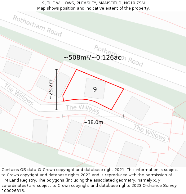 9, THE WILLOWS, PLEASLEY, MANSFIELD, NG19 7SN: Plot and title map