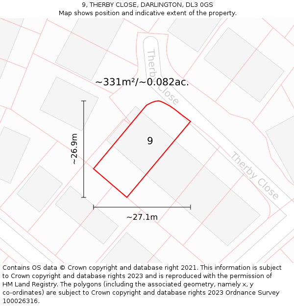 9, THERBY CLOSE, DARLINGTON, DL3 0GS: Plot and title map