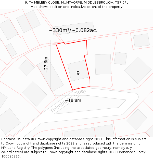 9, THIMBLEBY CLOSE, NUNTHORPE, MIDDLESBROUGH, TS7 0PL: Plot and title map