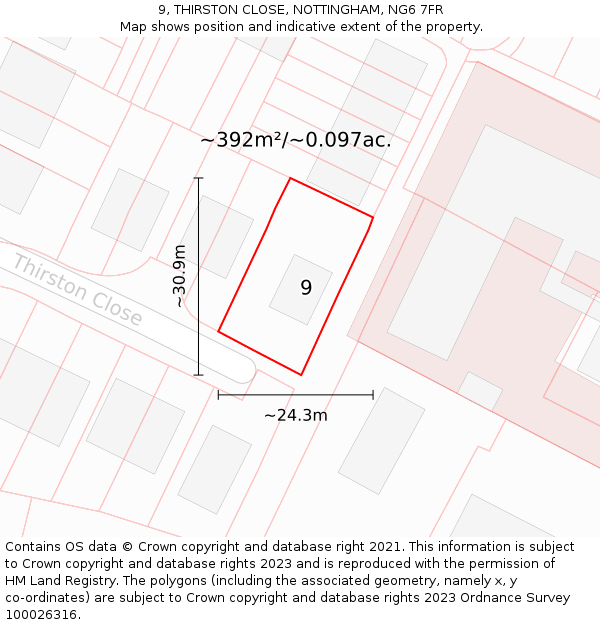 9, THIRSTON CLOSE, NOTTINGHAM, NG6 7FR: Plot and title map