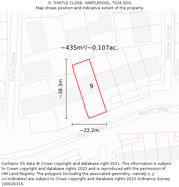9, THISTLE CLOSE, HARTLEPOOL, TS26 0DG: Plot and title map