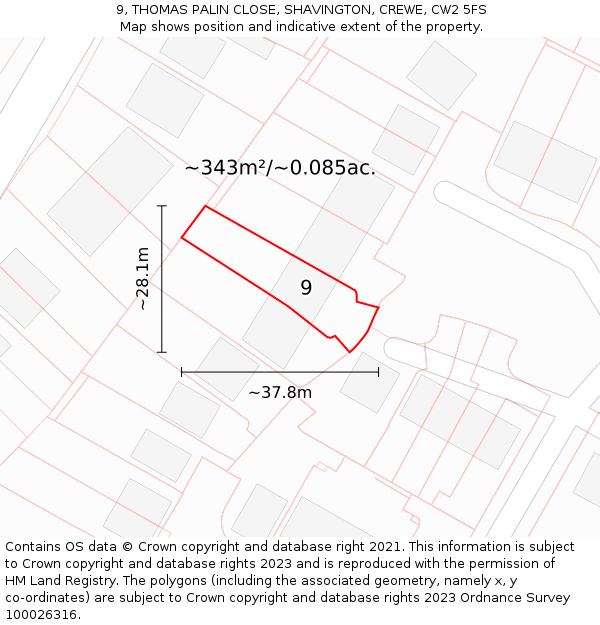 9, THOMAS PALIN CLOSE, SHAVINGTON, CREWE, CW2 5FS: Plot and title map