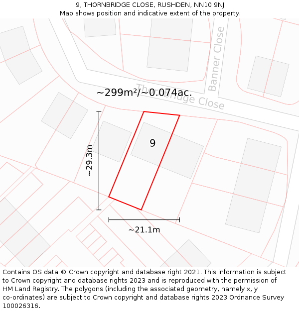 9, THORNBRIDGE CLOSE, RUSHDEN, NN10 9NJ: Plot and title map