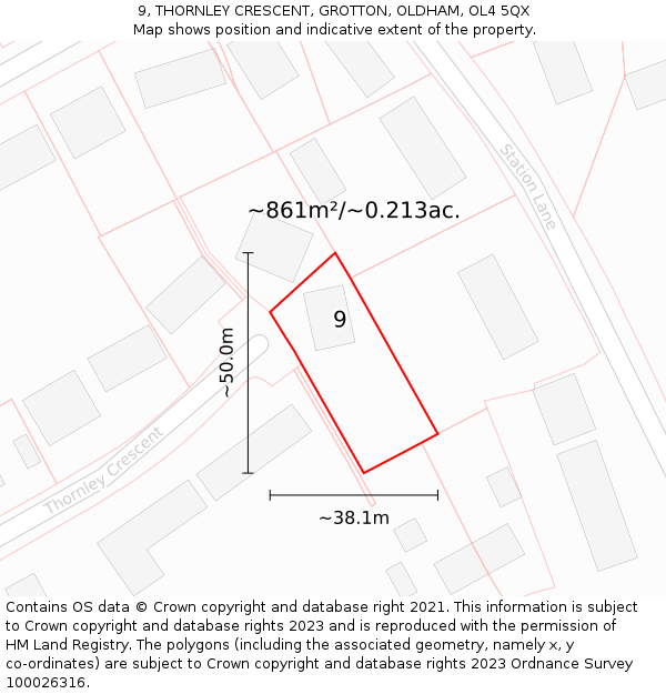 9, THORNLEY CRESCENT, GROTTON, OLDHAM, OL4 5QX: Plot and title map