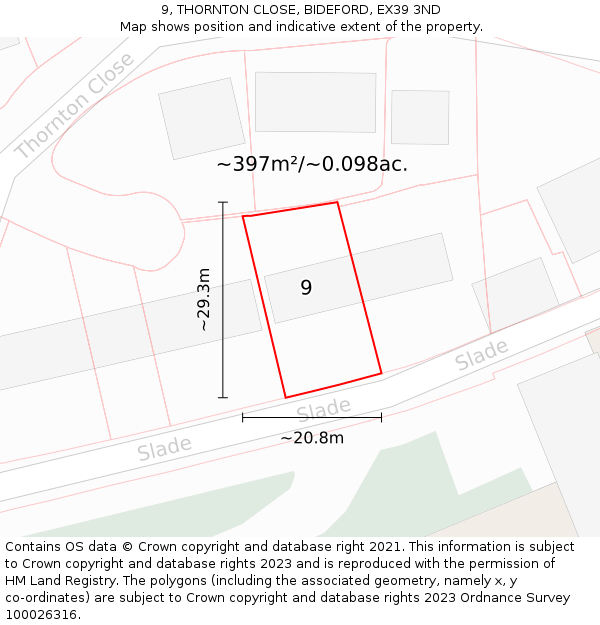 9, THORNTON CLOSE, BIDEFORD, EX39 3ND: Plot and title map