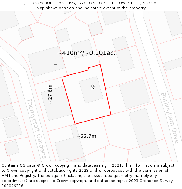 9, THORNYCROFT GARDENS, CARLTON COLVILLE, LOWESTOFT, NR33 8GE: Plot and title map