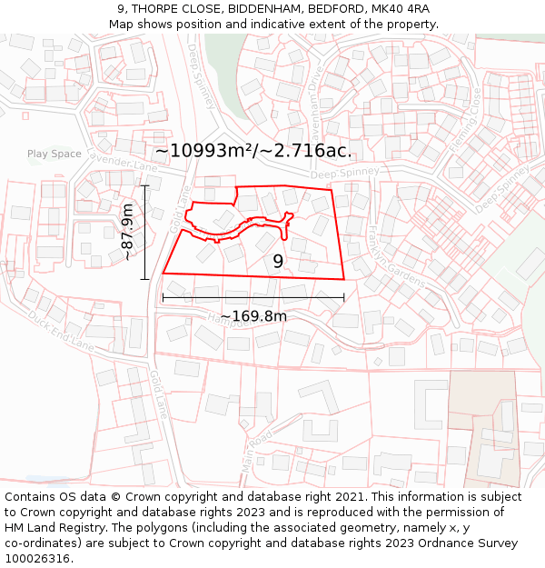 9, THORPE CLOSE, BIDDENHAM, BEDFORD, MK40 4RA: Plot and title map