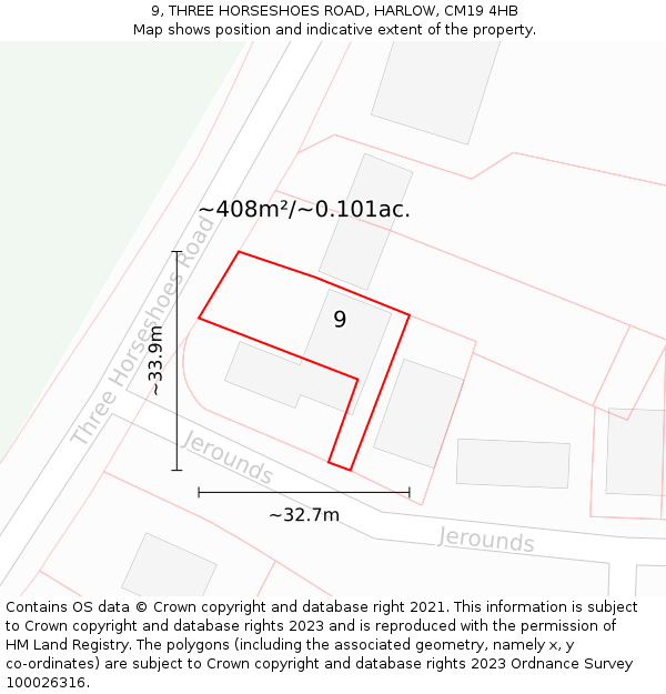 9, THREE HORSESHOES ROAD, HARLOW, CM19 4HB: Plot and title map