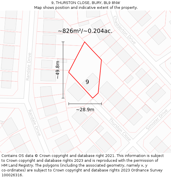 9, THURSTON CLOSE, BURY, BL9 8NW: Plot and title map