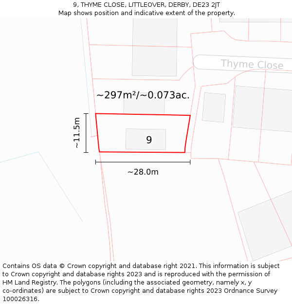 9, THYME CLOSE, LITTLEOVER, DERBY, DE23 2JT: Plot and title map