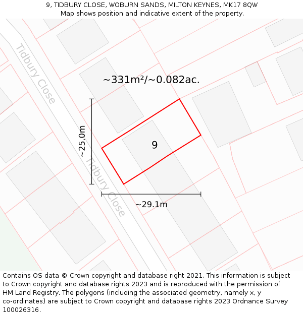 9, TIDBURY CLOSE, WOBURN SANDS, MILTON KEYNES, MK17 8QW: Plot and title map