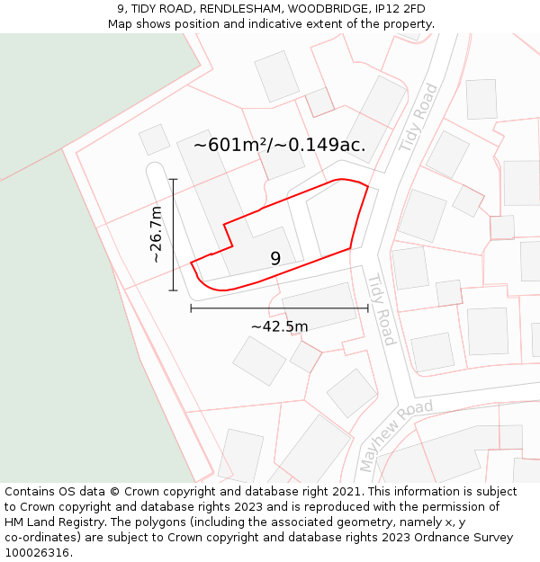 9, TIDY ROAD, RENDLESHAM, WOODBRIDGE, IP12 2FD: Plot and title map