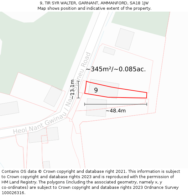 9, TIR SYR WALTER, GARNANT, AMMANFORD, SA18 1JW: Plot and title map