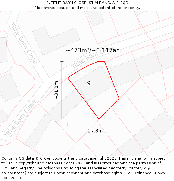 9, TITHE BARN CLOSE, ST ALBANS, AL1 2QD: Plot and title map