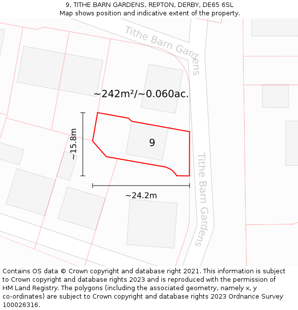 9, TITHE BARN GARDENS, REPTON, DERBY, DE65 6SL: Plot and title map