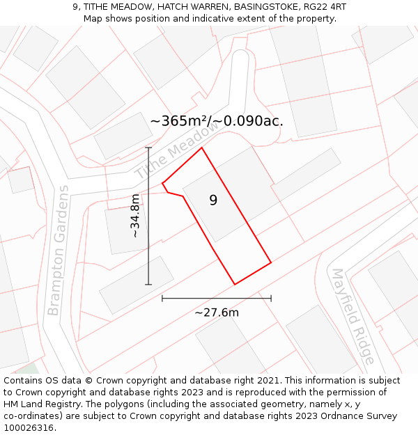 9, TITHE MEADOW, HATCH WARREN, BASINGSTOKE, RG22 4RT: Plot and title map
