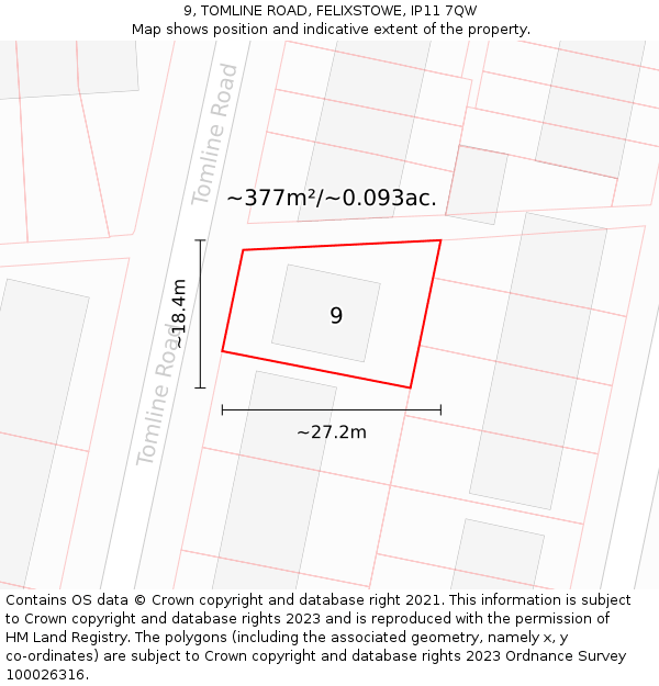 9, TOMLINE ROAD, FELIXSTOWE, IP11 7QW: Plot and title map