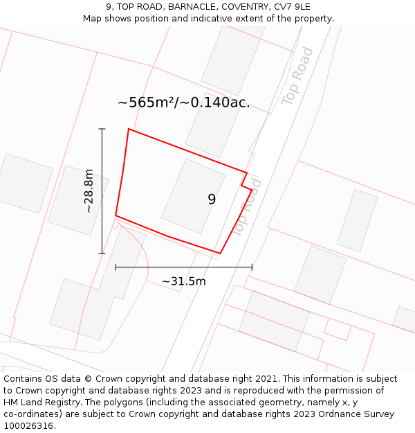 9, TOP ROAD, BARNACLE, COVENTRY, CV7 9LE: Plot and title map