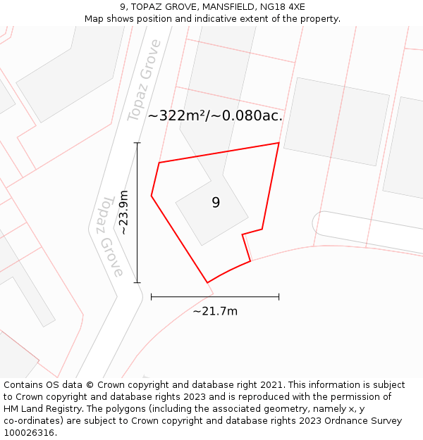 9, TOPAZ GROVE, MANSFIELD, NG18 4XE: Plot and title map