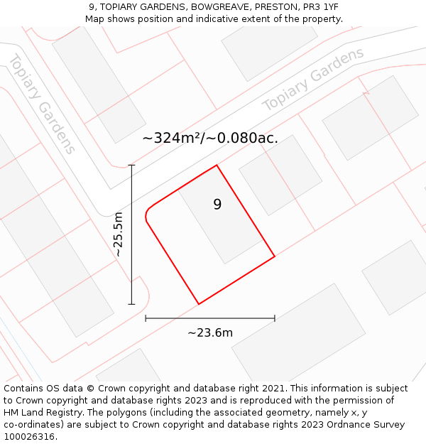 9, TOPIARY GARDENS, BOWGREAVE, PRESTON, PR3 1YF: Plot and title map