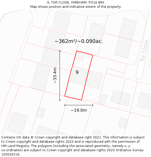 9, TOR CLOSE, FAREHAM, PO16 8RX: Plot and title map