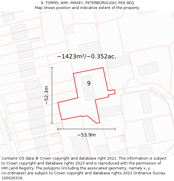 9, TORPEL WAY, MAXEY, PETERBOROUGH, PE6 9EQ: Plot and title map