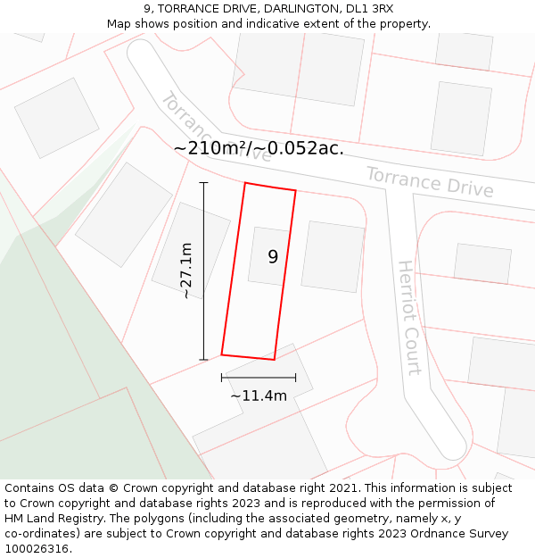 9, TORRANCE DRIVE, DARLINGTON, DL1 3RX: Plot and title map