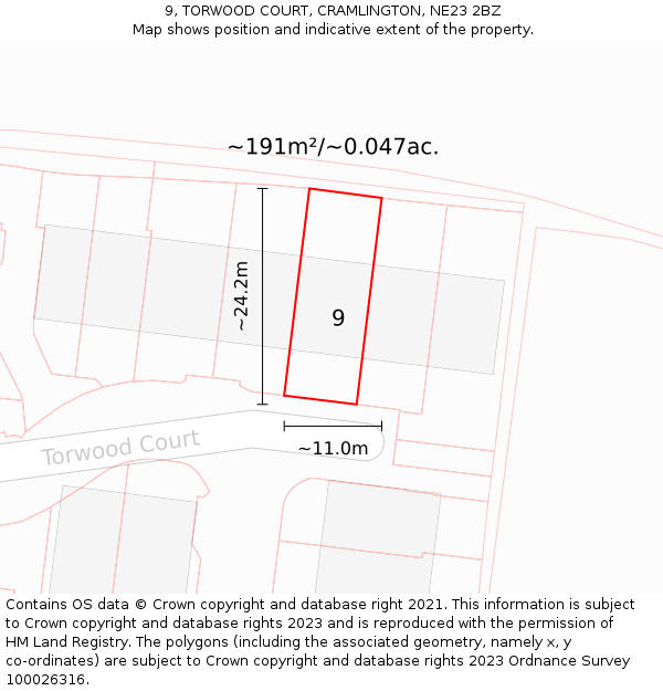 9, TORWOOD COURT, CRAMLINGTON, NE23 2BZ: Plot and title map