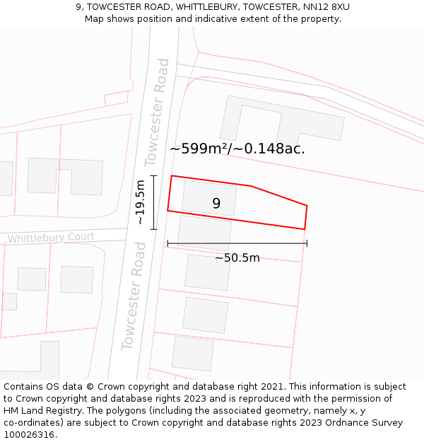 9, TOWCESTER ROAD, WHITTLEBURY, TOWCESTER, NN12 8XU: Plot and title map