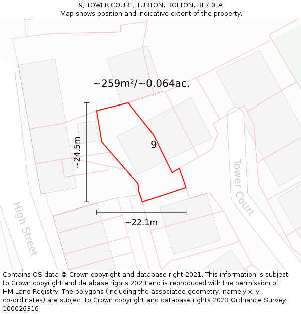 9, TOWER COURT, TURTON, BOLTON, BL7 0FA: Plot and title map