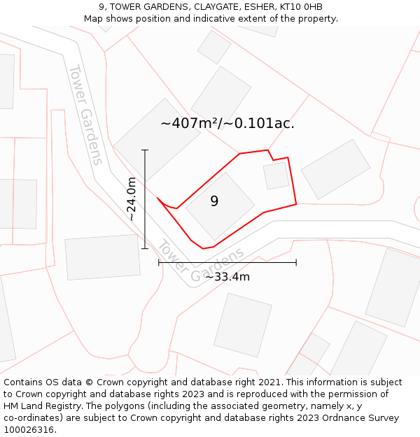 9, TOWER GARDENS, CLAYGATE, ESHER, KT10 0HB: Plot and title map