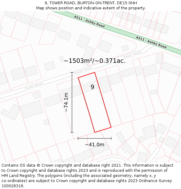 9, TOWER ROAD, BURTON-ON-TRENT, DE15 0NH: Plot and title map