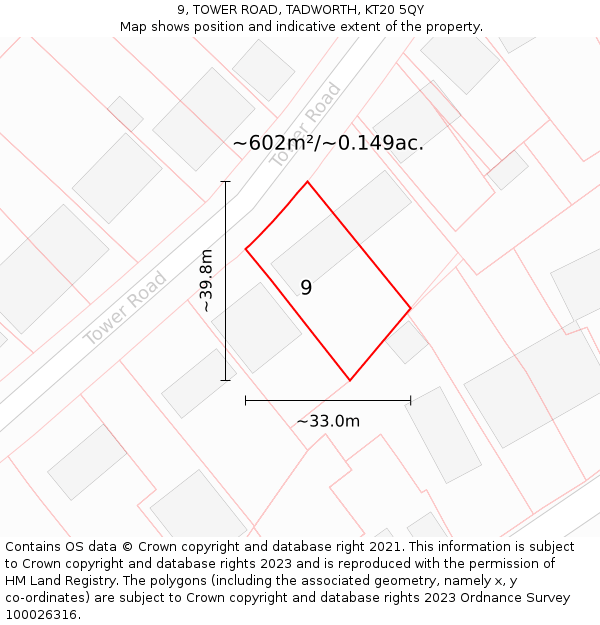 9, TOWER ROAD, TADWORTH, KT20 5QY: Plot and title map