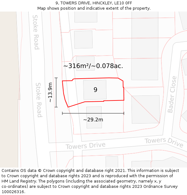 9, TOWERS DRIVE, HINCKLEY, LE10 0FF: Plot and title map
