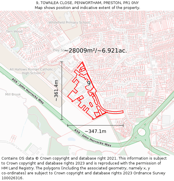 9, TOWNLEA CLOSE, PENWORTHAM, PRESTON, PR1 0NY: Plot and title map