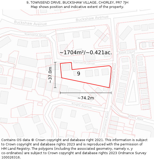 9, TOWNSEND DRIVE, BUCKSHAW VILLAGE, CHORLEY, PR7 7JH: Plot and title map