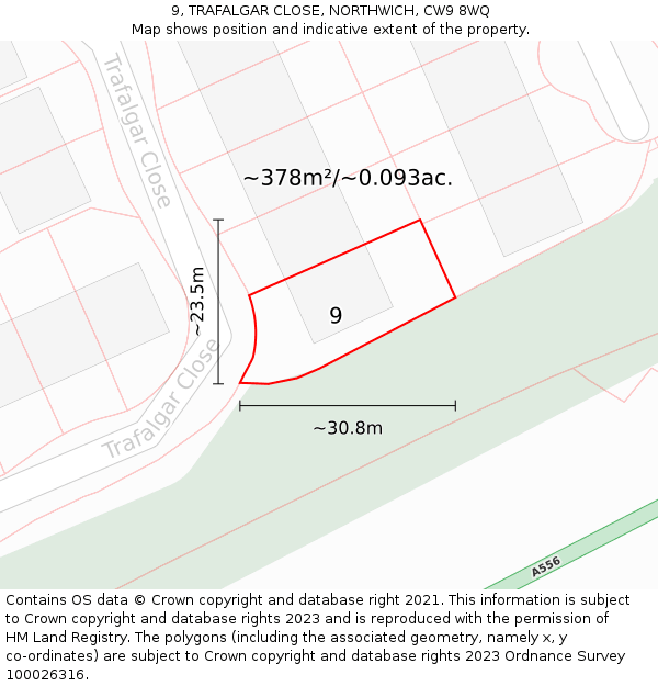 9, TRAFALGAR CLOSE, NORTHWICH, CW9 8WQ: Plot and title map