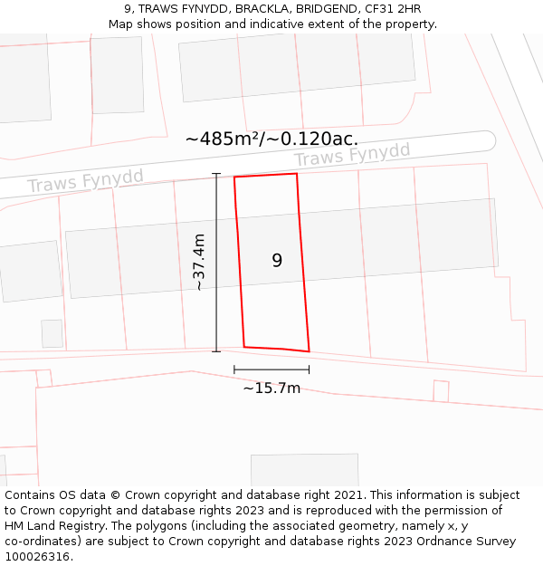 9, TRAWS FYNYDD, BRACKLA, BRIDGEND, CF31 2HR: Plot and title map