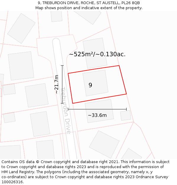9, TREBURDON DRIVE, ROCHE, ST AUSTELL, PL26 8QB: Plot and title map